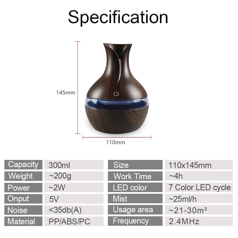 300ml USB Rechargeable Cool Mist Humidifier & Aromatherapy Diffuser with 7-Color LED Light - Image 2